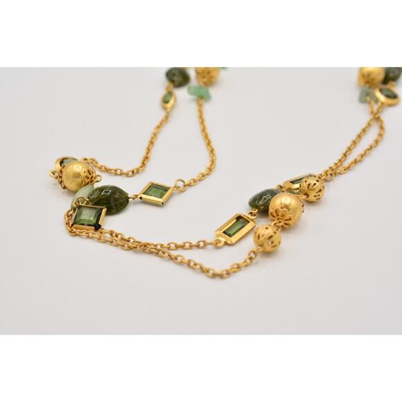 Premier Designs Vintage Station Necklace Green Bezel Brushed Gold Signed Bin2 - Picture 12 of 12